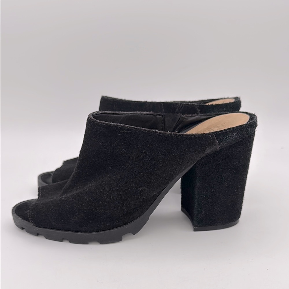 Schutz‎ - women’s black suede leather peep toe Mules heeled sandals shoes